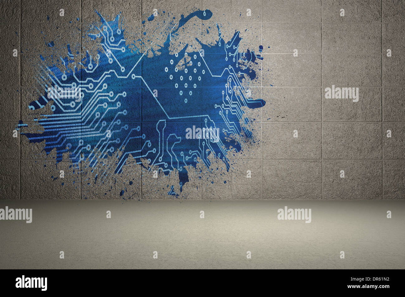 Splash on wall revealing circuit board Stock Photo