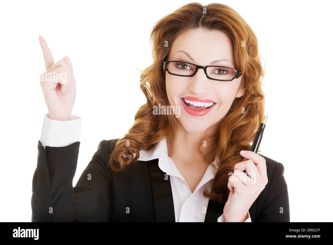Happy business woman showing copy space, isolated on white Stock Photo ...