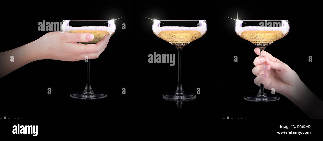 hand making toast with champagne glass on black background Stock Photo