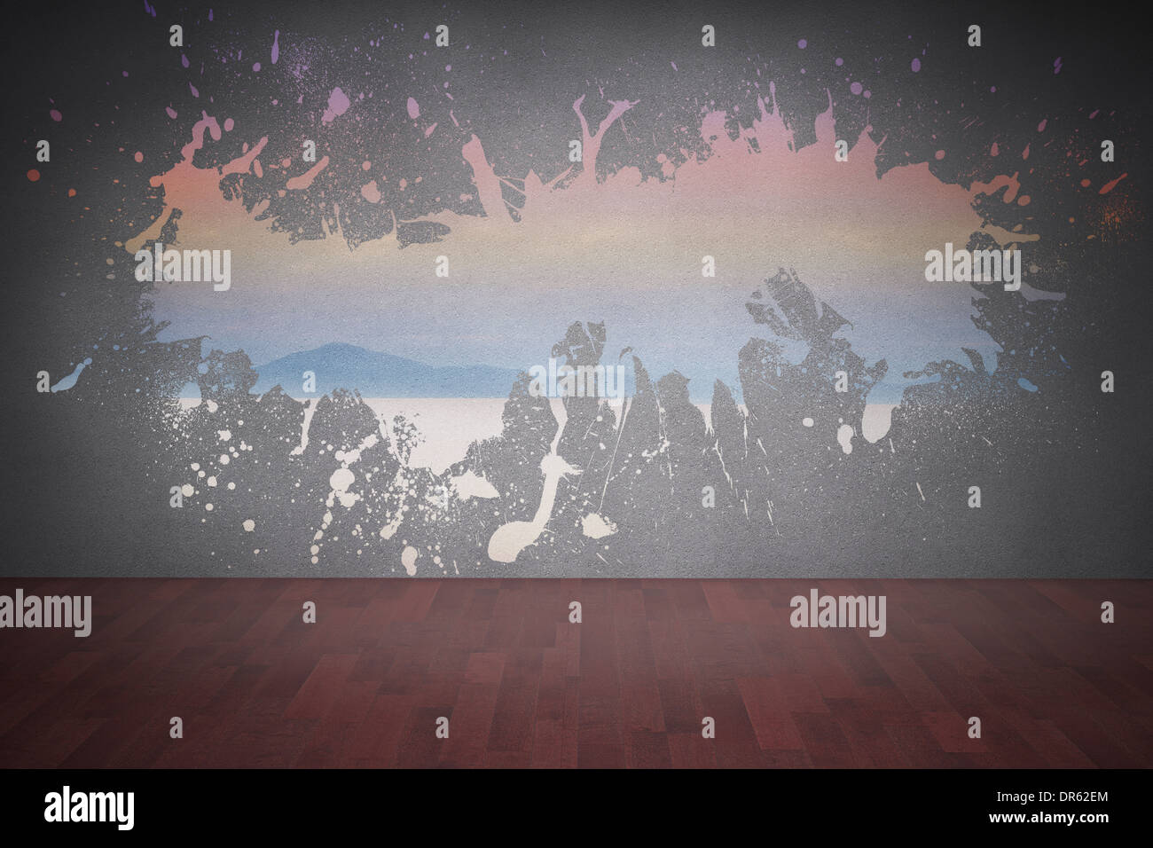 Splash on wall revealing desert landscape Stock Photo