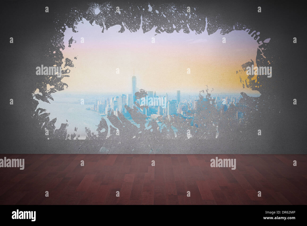 Splash on wall revealing coastline city Stock Photo