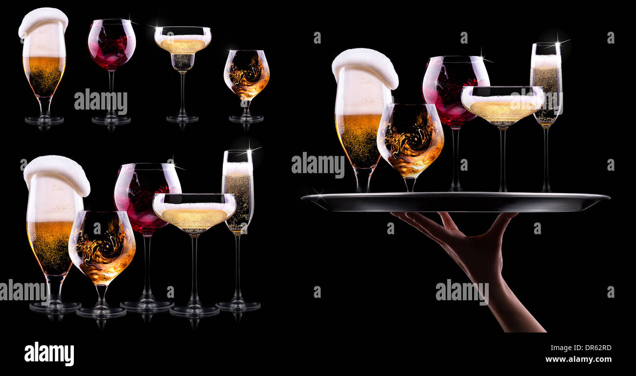 set with different drinks on black background - champagne, beer, cocktail, wine, brandy, whiskey, scotch, vodka, cognac Stock Photo