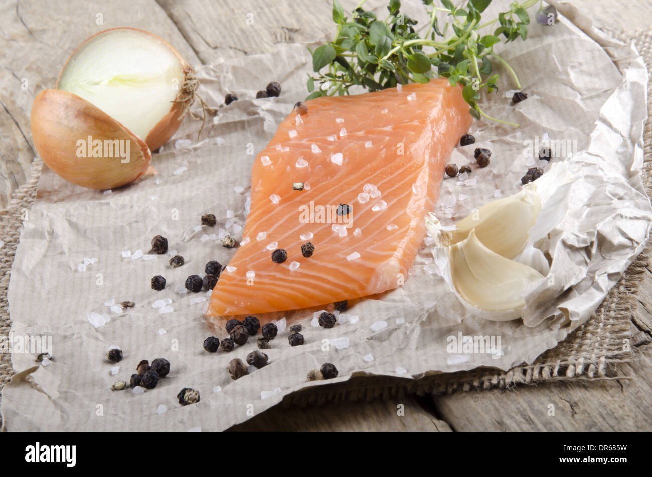 lightly smoked irish salmon fillet with salt and pepper Stock Photo - Alamy