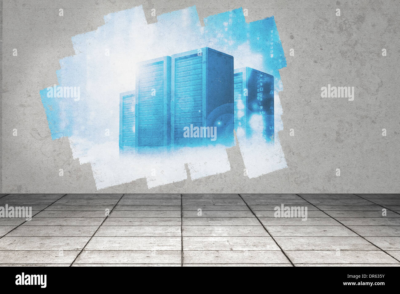 Display on wall showing server towers Stock Photo