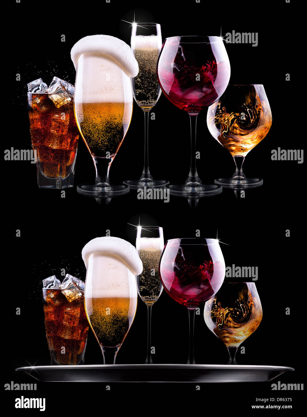 tray with different drinks on black background - champagne, beer, cocktail, wine, brandy, whiskey, scotch, vodka, cognac Stock Photo