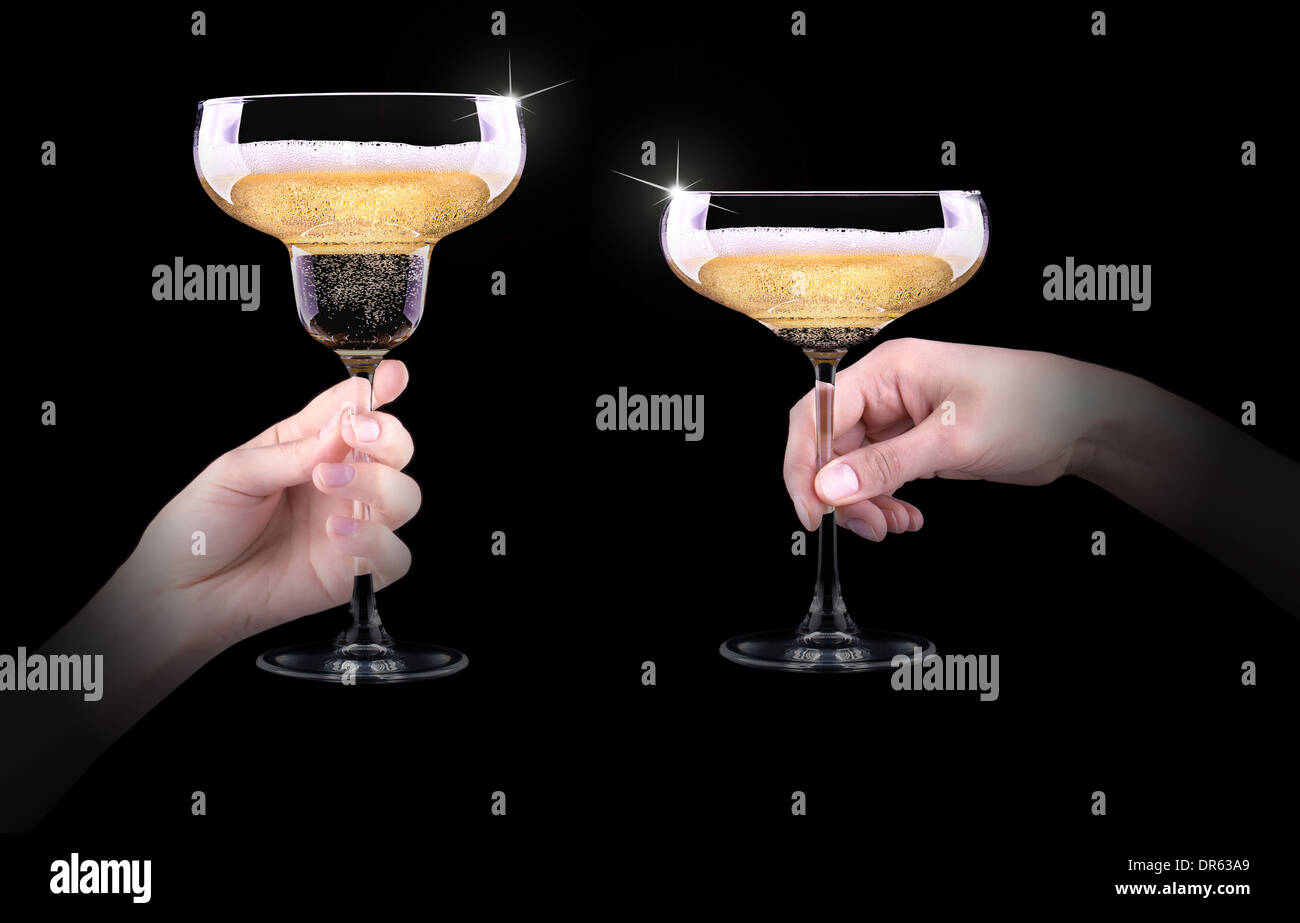 hand making toast with champagne glass on black background Stock Photo