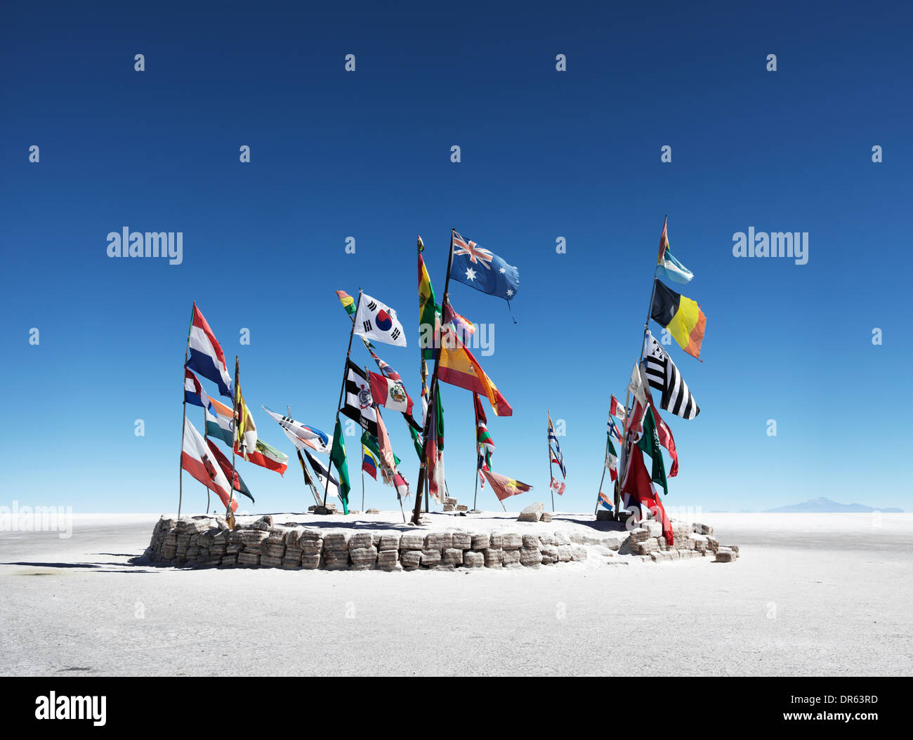 Flags salt lake Uyuni Stock Photo