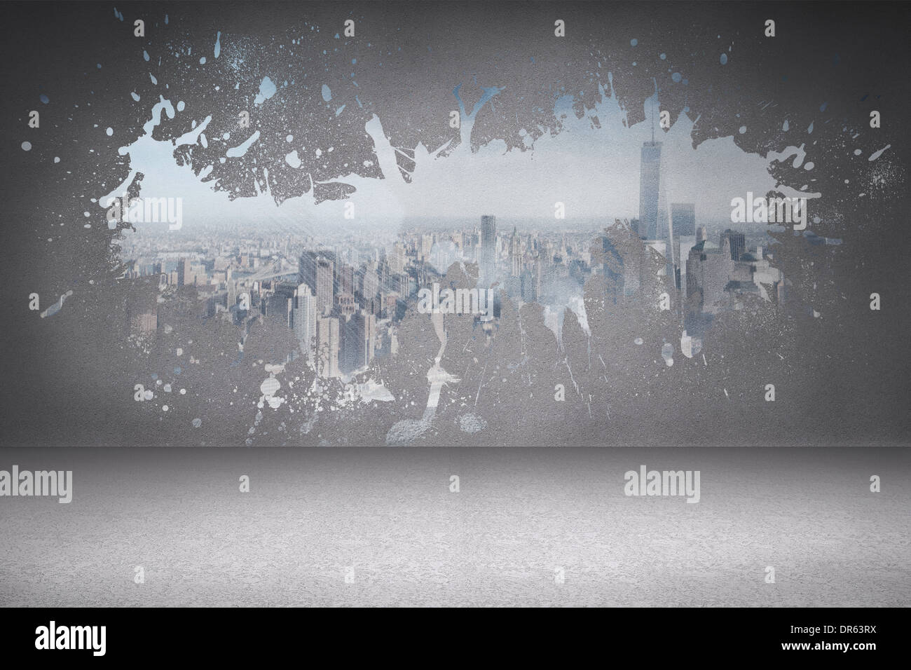 Splash on wall revealing cityscape Stock Photo