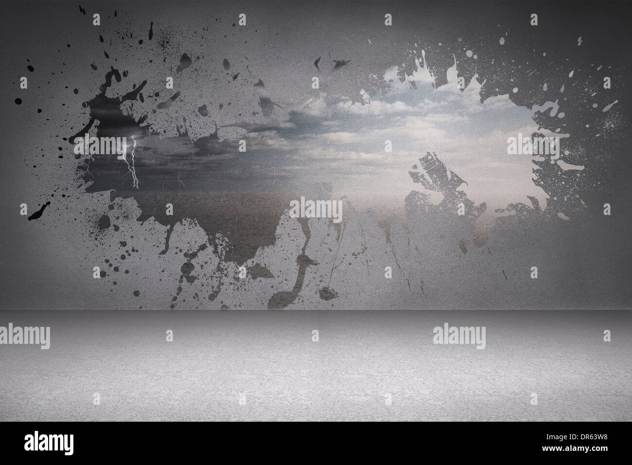 Splash on wall revealing desert landscape Stock Photo
