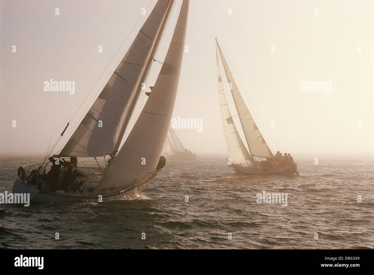 Sailboats racing upwind in ocean fog. Stock Photo