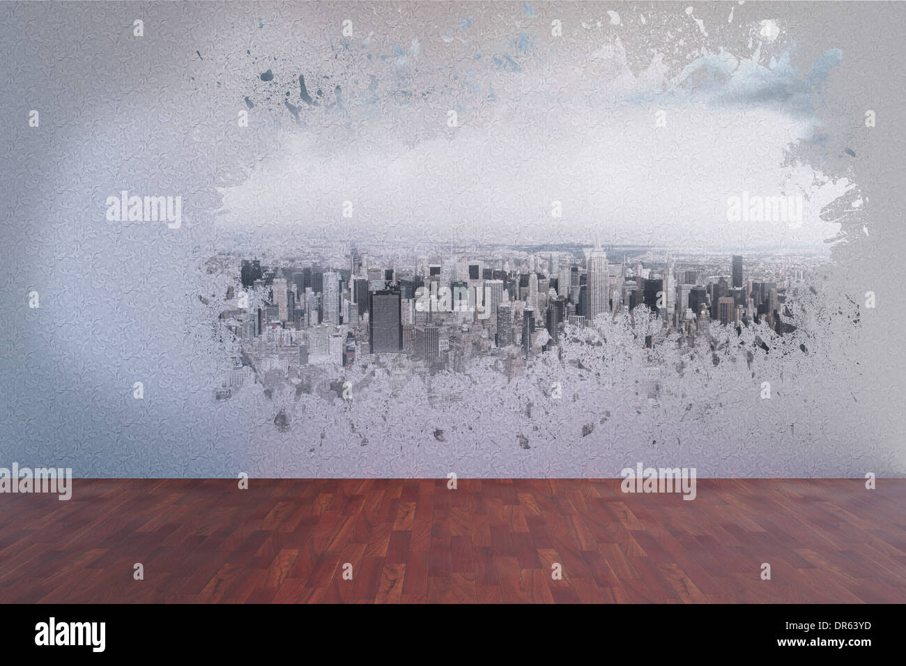 Splash on wall revealing cityscape Stock Photo