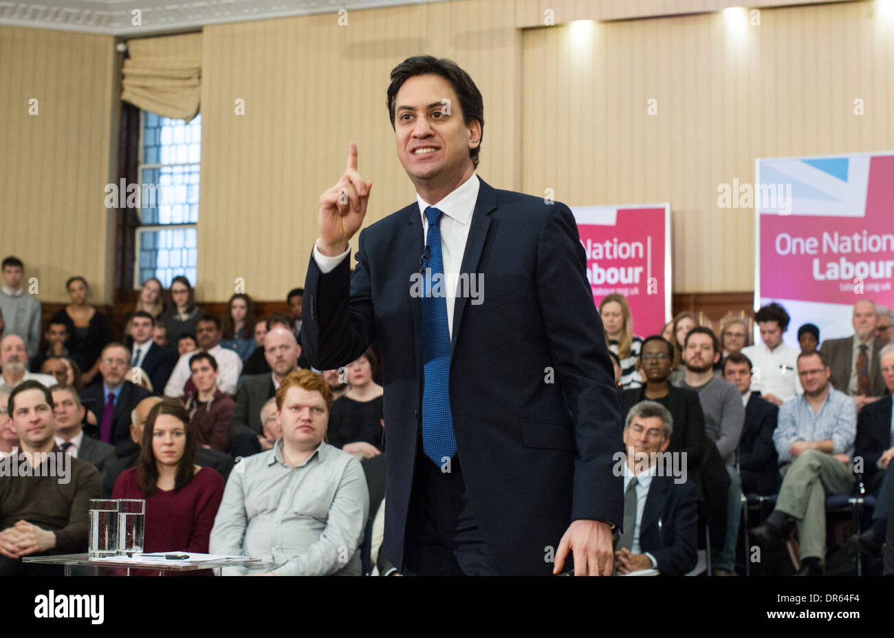 Ed Miliband delivers his speech on the economy at the University of London Stock Photo