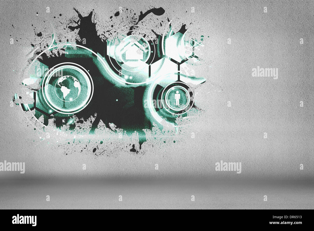 Splash on wall revealing technology interface Stock Photo
