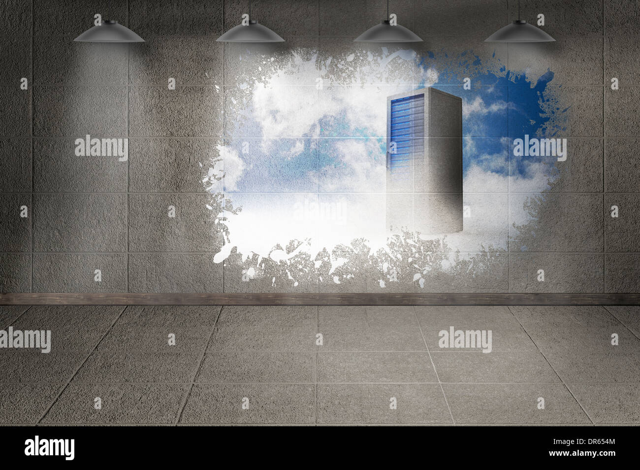 Splash on wall revealing server tower Stock Photo