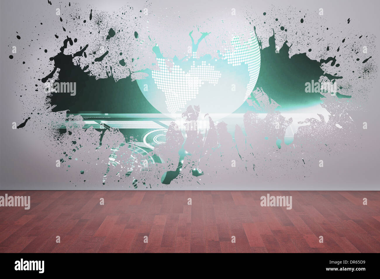 Splash on wall revealing global technology graphic Stock Photo