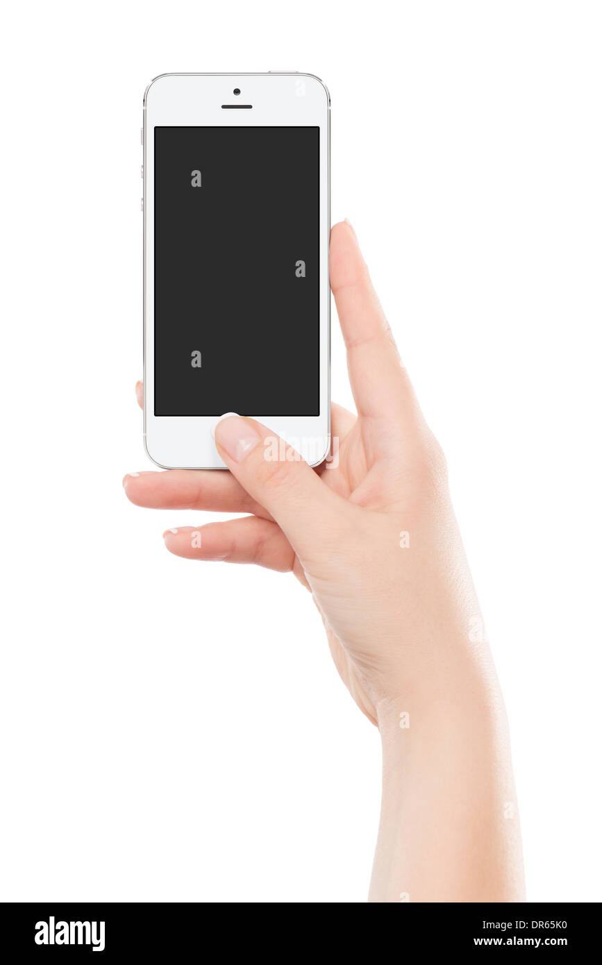 Female hand holding white modern smart phone with blank screen and pressing button by the thumb. Isolated on white background. Stock Photo