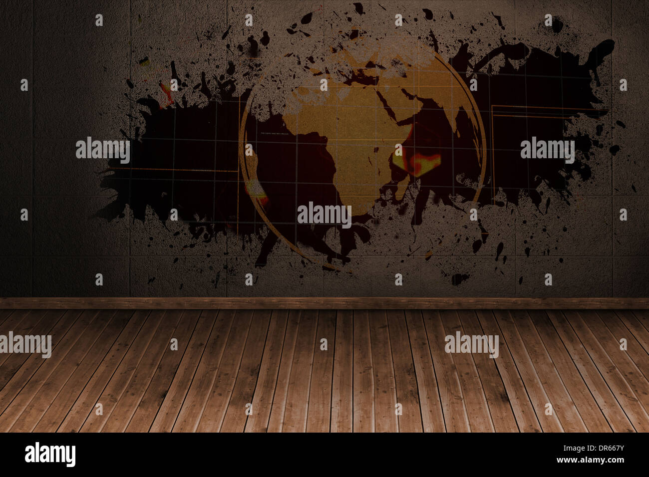 Splash on wall revealing global technology graphic Stock Photo