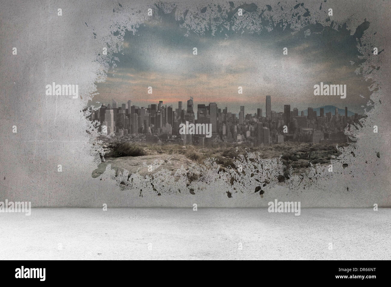 Splash on wall revealing city view Stock Photo