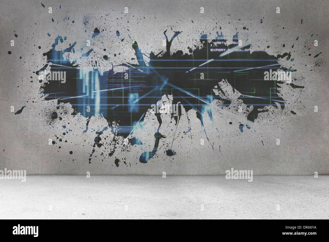 Splash on wall revealing technology interface Stock Photo