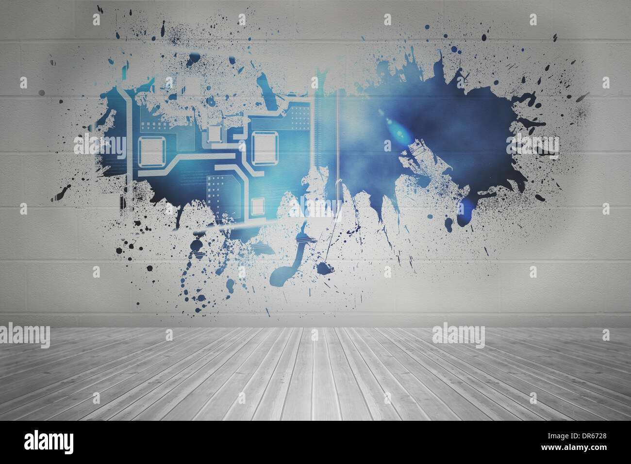 Splash on wall revealing technology interface Stock Photo