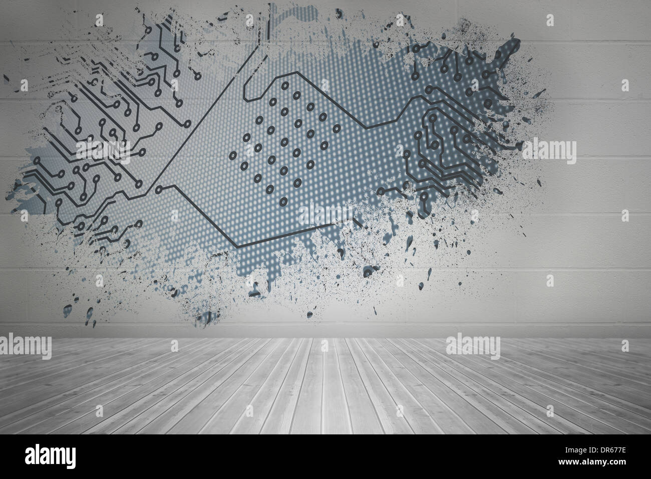 Splash on wall revealing circuit board Stock Photo