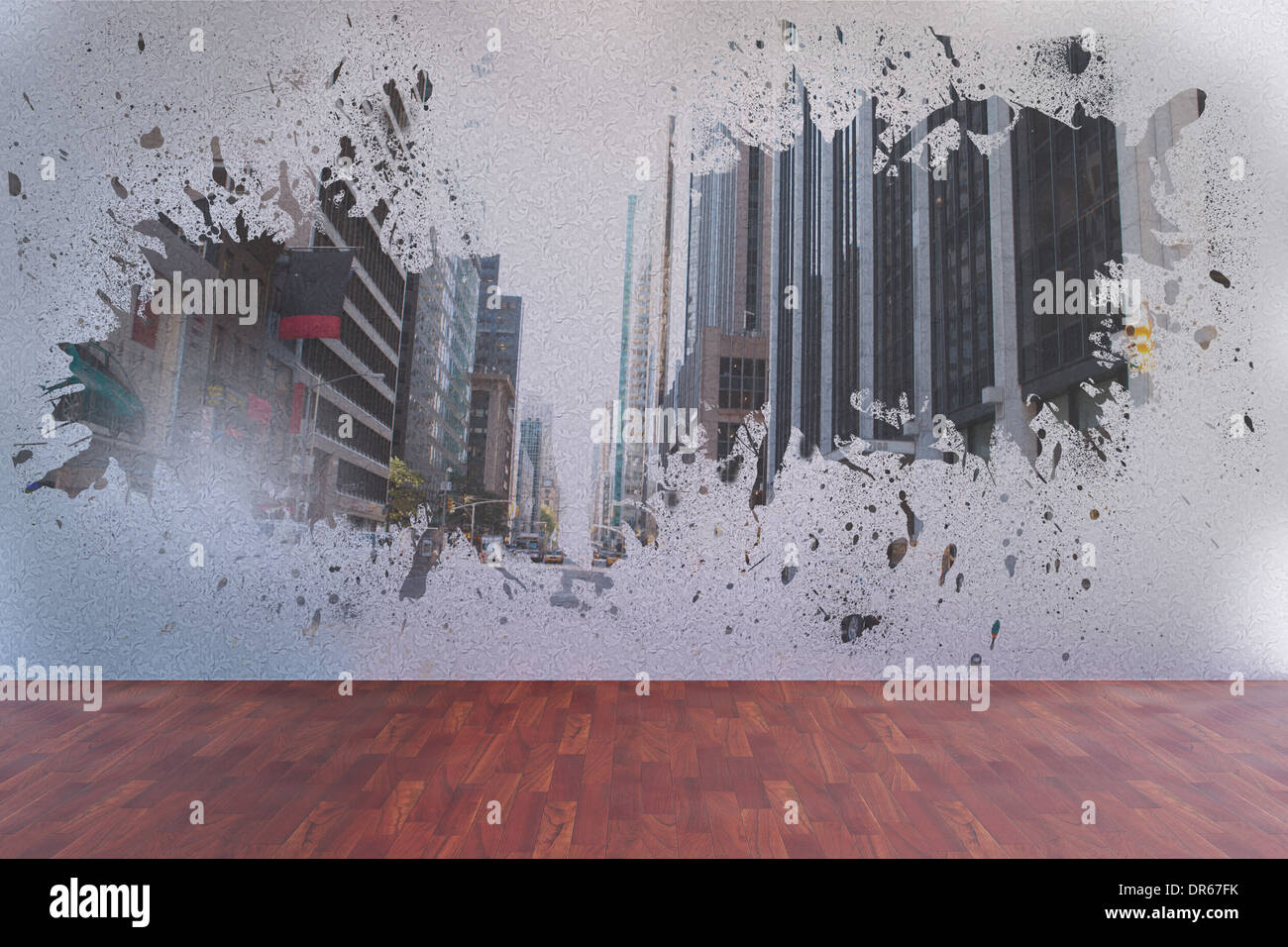 Splash on wall revealing city view Stock Photo