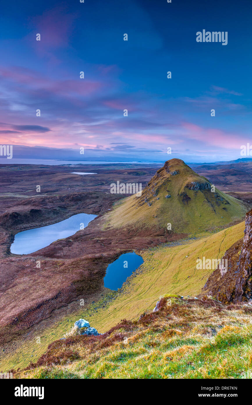 The Quiraing a landslip on the eastern face of Meall na Suiramach, A view over Loch Leum na Luirginn and Loch Cleat. Stock Photo
