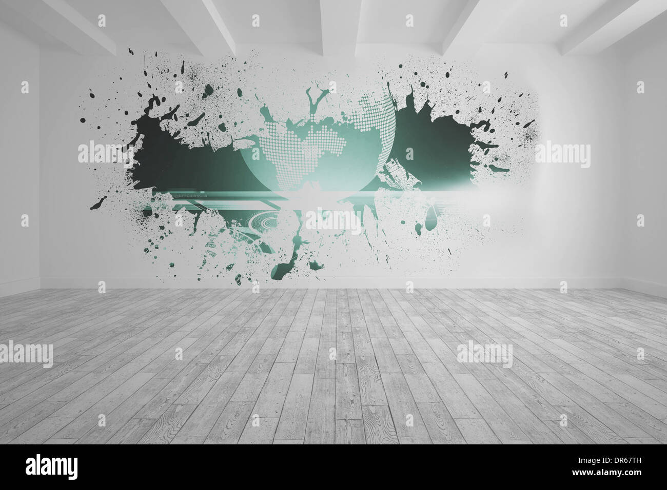 Splash on wall revealing global graphic Stock Photo