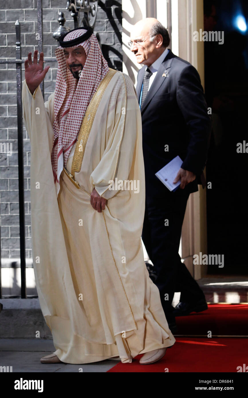 United Arab Emirates (UAE) President Sheikh Khalifa Al-Nahyan (R) is welcomed by British Prime Minister David Cameron (L) at 10 Stock Photo