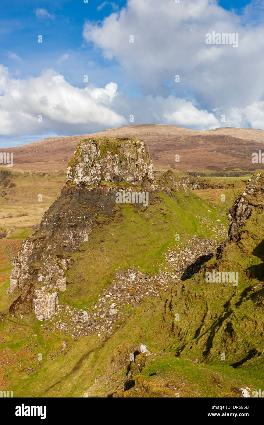 The Fairy (Faerie) Glen near Uig. A bizarre and delightful miniature landscape of grassy, cone-shaped hills on the Isle of Skye. Stock Photo