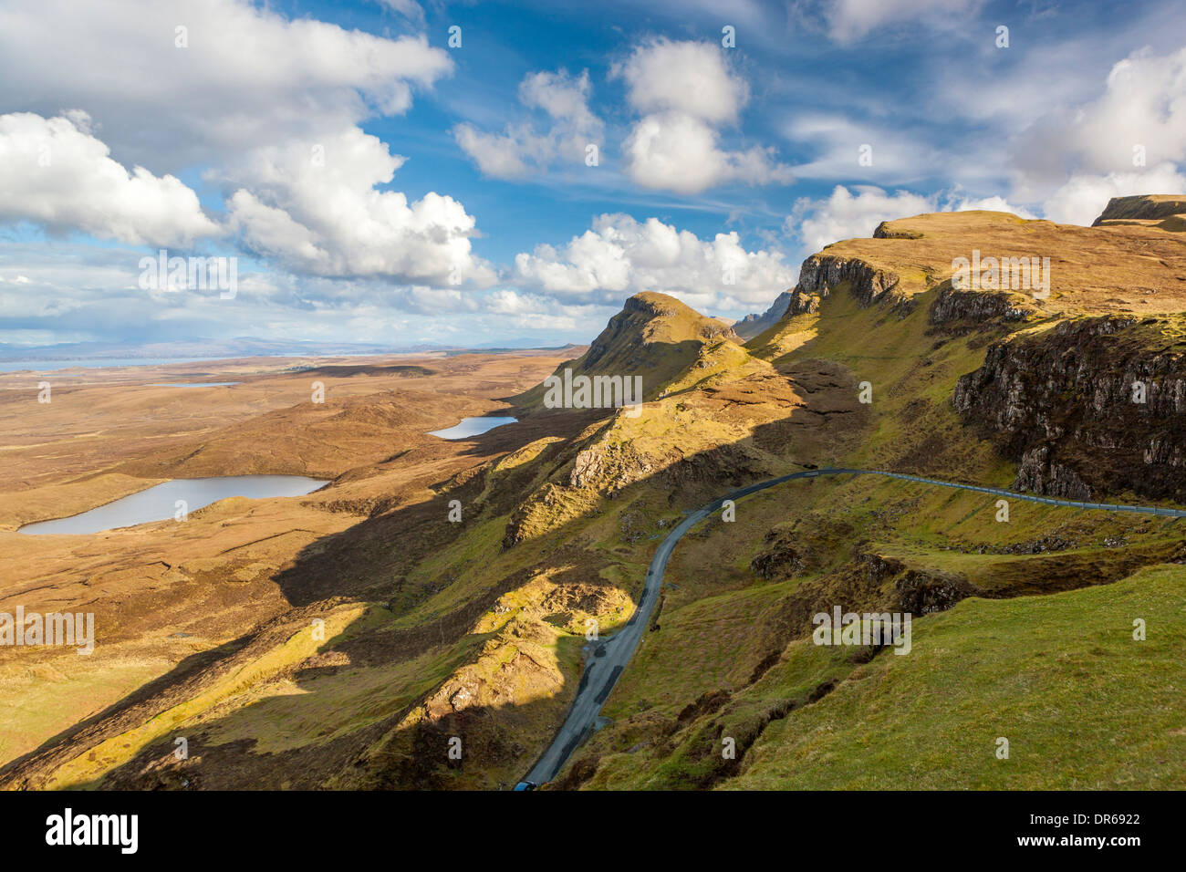 The Quiraing a landslip on the eastern face of Meall na Suiramach, A view over Loch Leum na Luirginn and Loch Cleat. Stock Photo