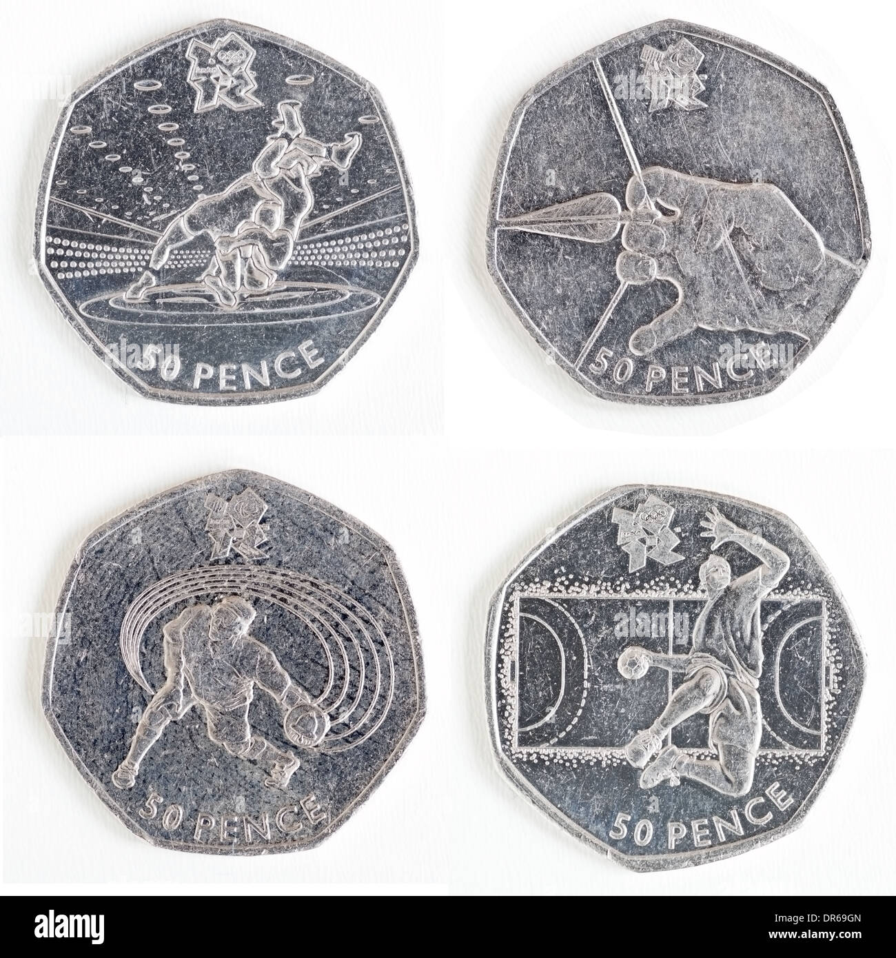 Collection of London Olympics Games commemorative 50 pence coins, reverse side Stock Photo