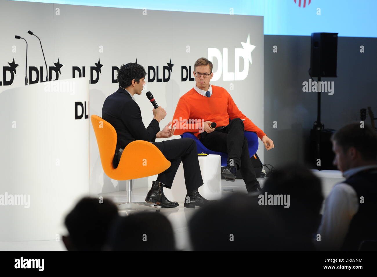 Munich, Germany. 20th Jan, 2014. MUNICH/GERMANY - JANUARY 20: Nicholas Carlson(Business Insider, r.) talks with Jeremy Stoppelman (Yelp) on a panel discussion during the Digital Life Design (DLD) Conference at the HVB Forum on January 20, 2014 in Munich, Germany. DLD is a global network on innovation, digitization, science and culture which connects business, creative and social leaders, opinion-formers and influencers for crossover conversation and inspiration. (Photo: picture alliance / Jan Haas)/dpa/Alamy Live News Stock Photo