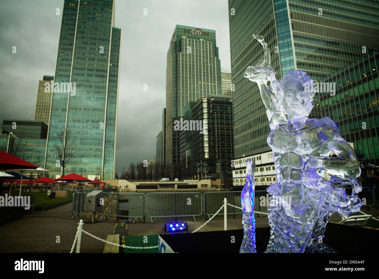 Canary Wharf view plus ice sculpture Stock Photo - Alamy