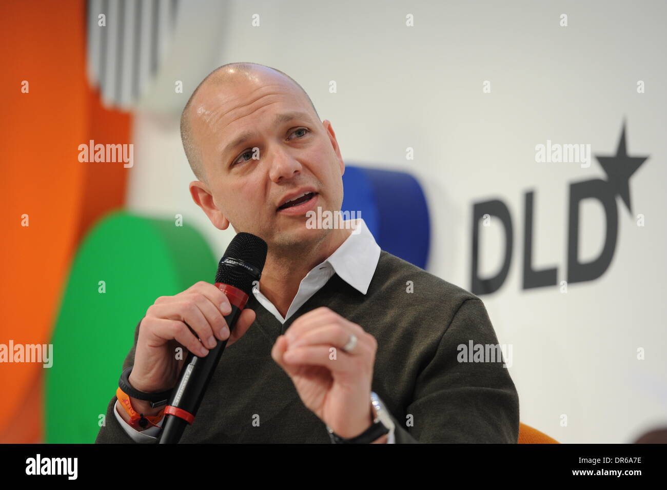 MUNICH/GERMANY - JANUARY 20: Tony Fadell (Nest Labs) speaks on a panel discussion during the Digital Life Design (DLD) Conference at the HVB Forum on January 20, 2014 in Munich, Germany. DLD is a global network on innovation, digitization, science and culture which connects business, creative and social leaders, opinion-formers and influencers for crossover conversation and inspiration. (Photo: picture alliance / Jan Haas) Stock Photo
