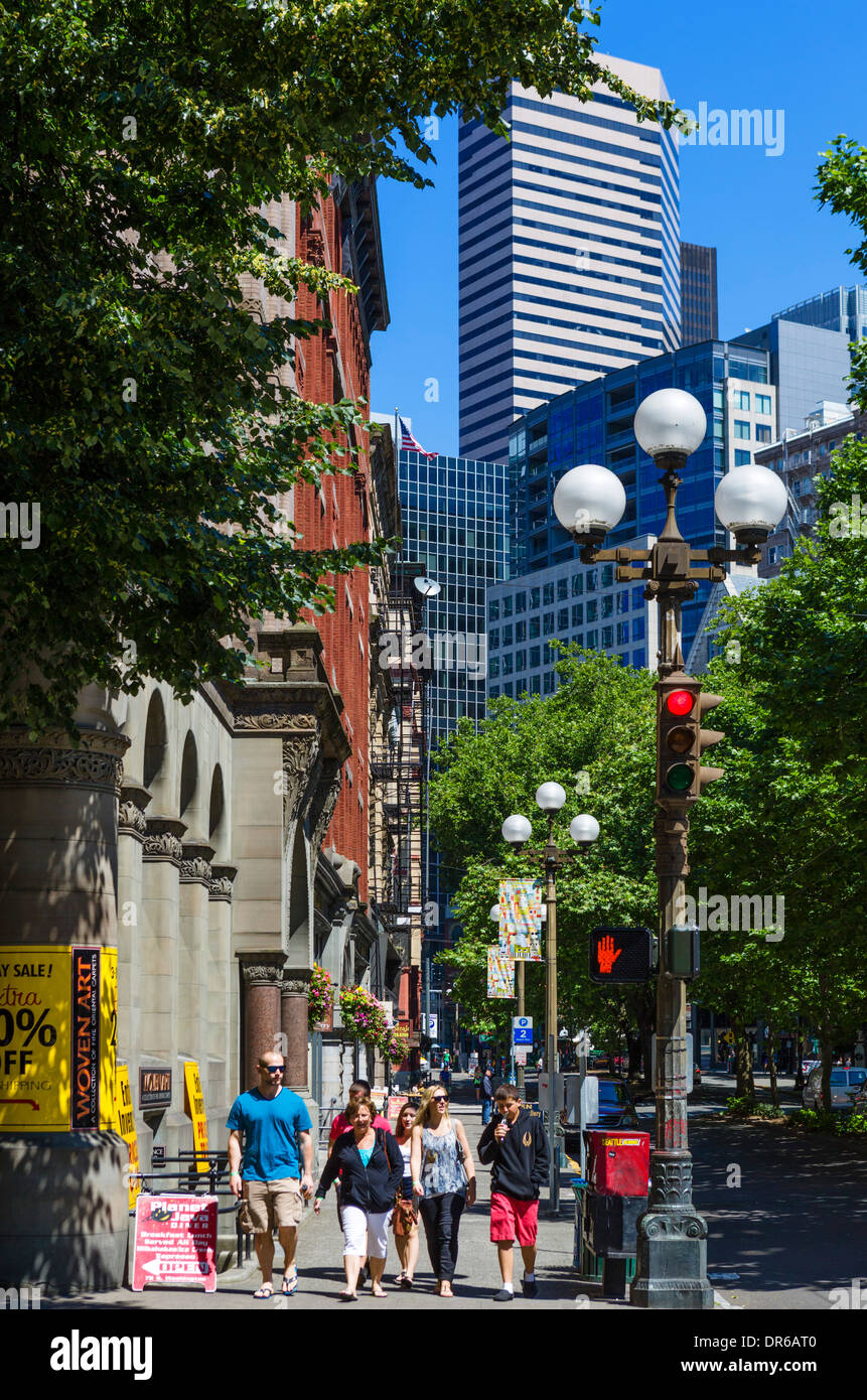 View down 1st Avenue in the Pioneer Square district of downtown Seattle, Washington, USA Stock Photo