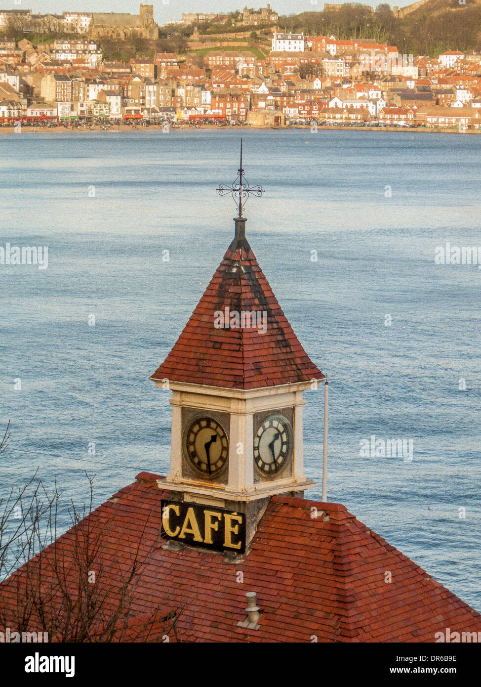 Aerial view of the grade II listed Clock Café roof in the South Bay, Scarborough. Stock Photo