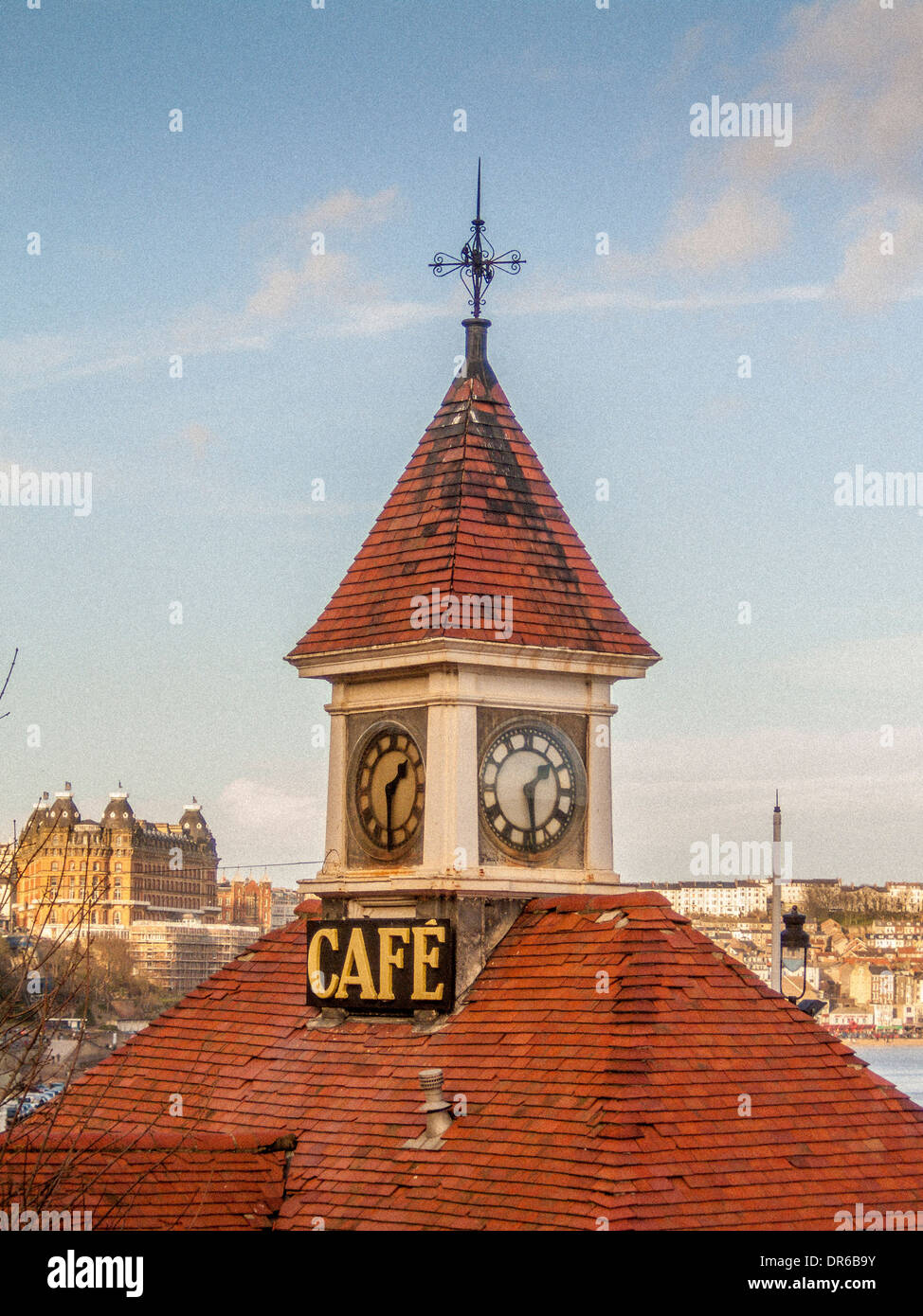 Aerial view of the grade II listed Clock Café roof in the South Bay, Scarborough. Stock Photo