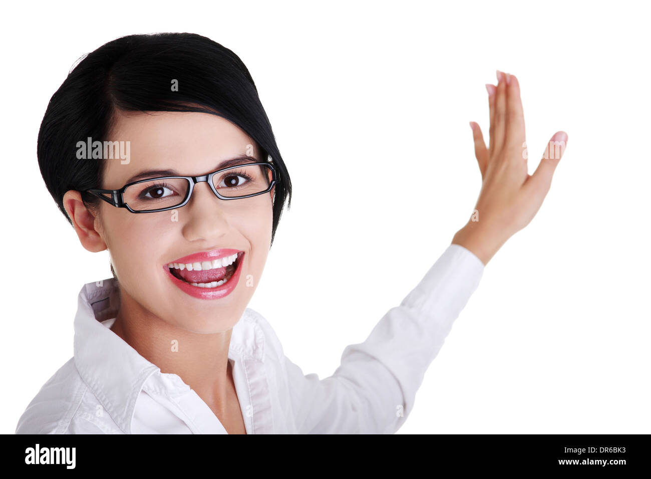 Beautiful business woman showing copy space , isolated on white Stock ...