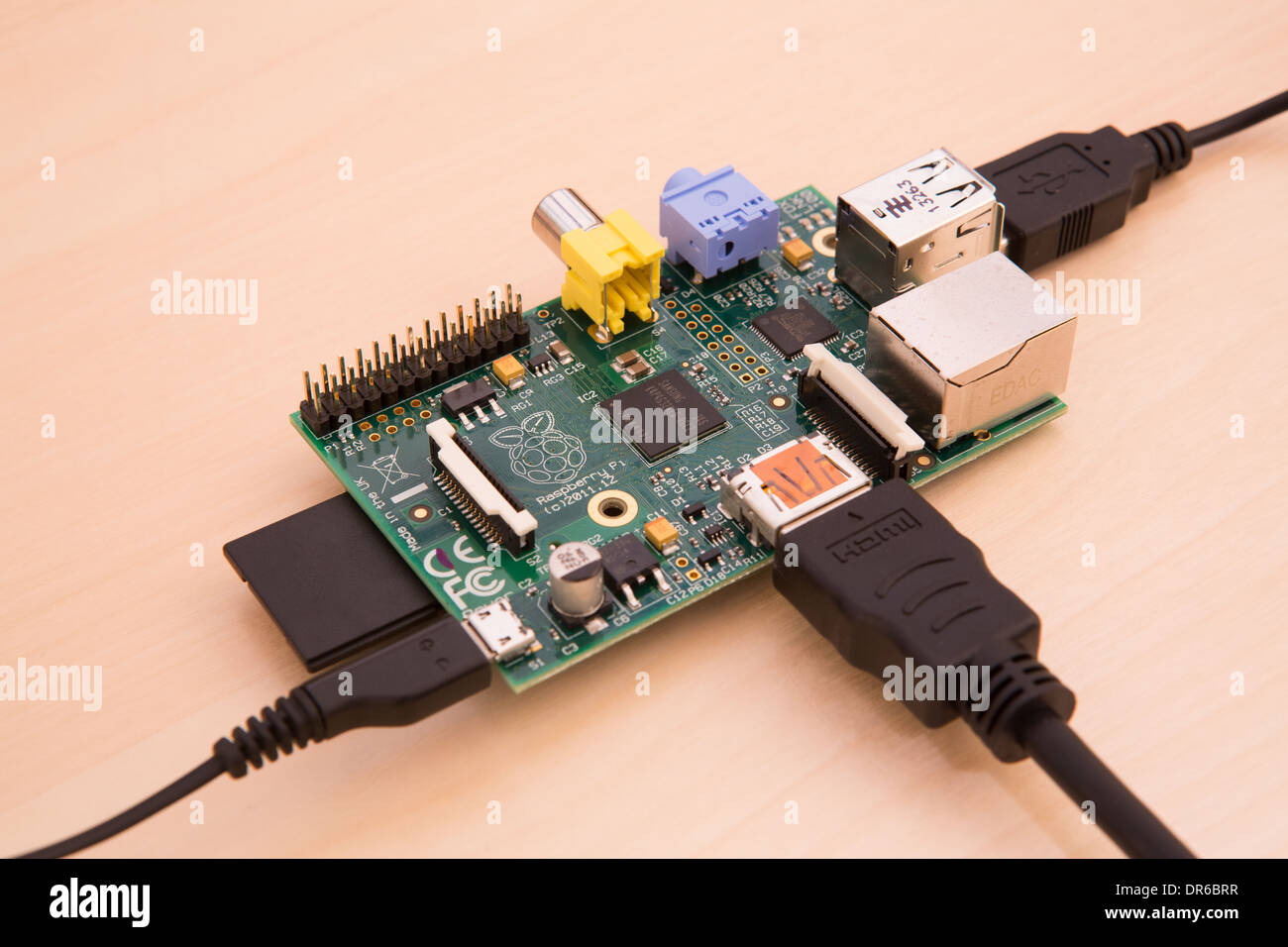 A Raspberry Pi circuit board with cables attached Stock Photo