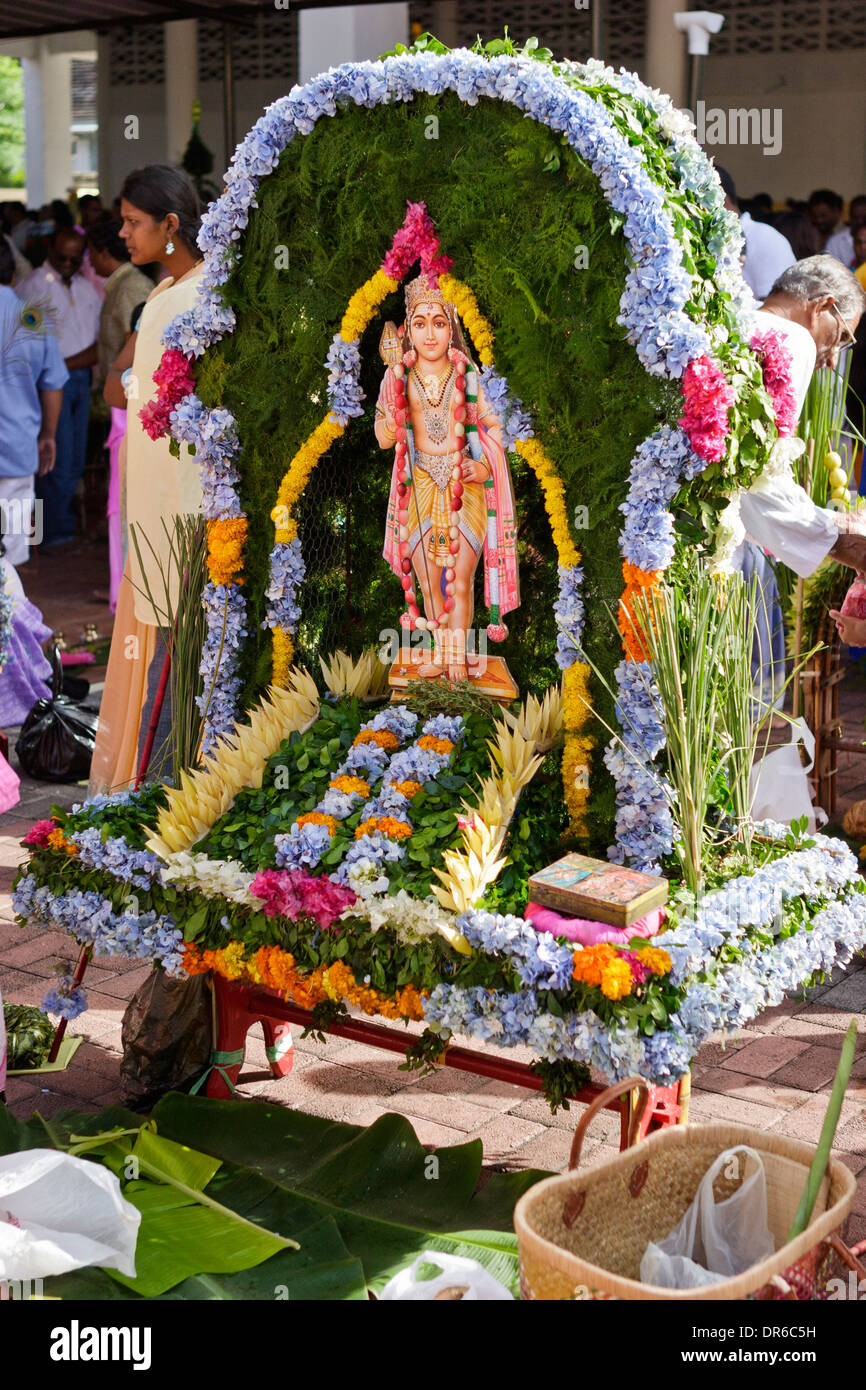 Brightly coloured Cavadee arrangement during the Thaipoosam Cavadee festival, Mauritius. Stock Photo