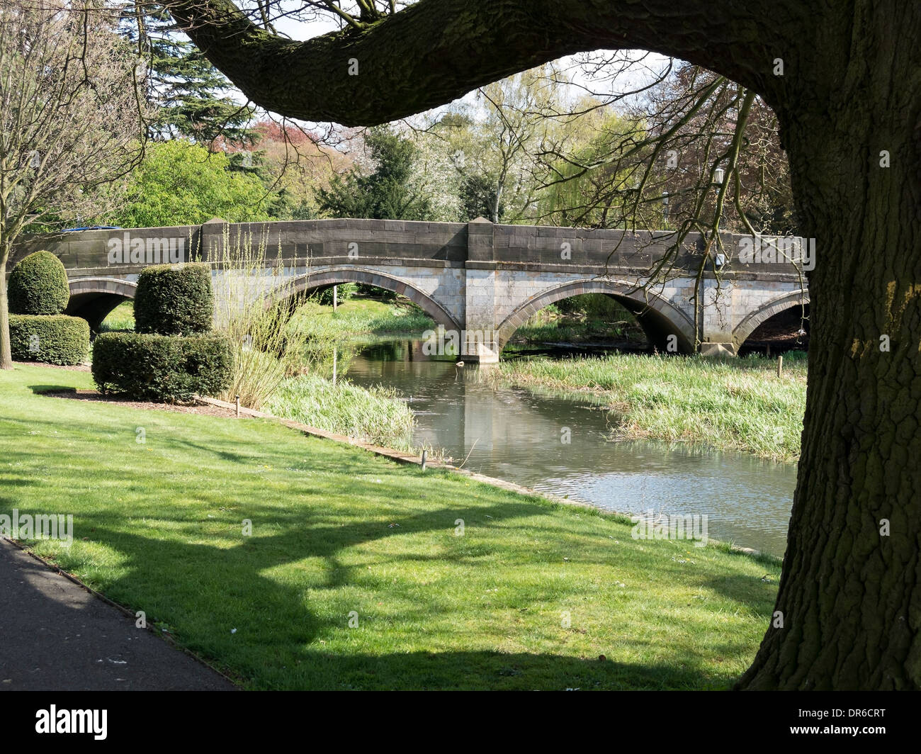 The stone arches of Lady Wilton Bridge over the River Eye with Egerton Lodge Gardens in the foreground, Melton Mowbray. Stock Photo