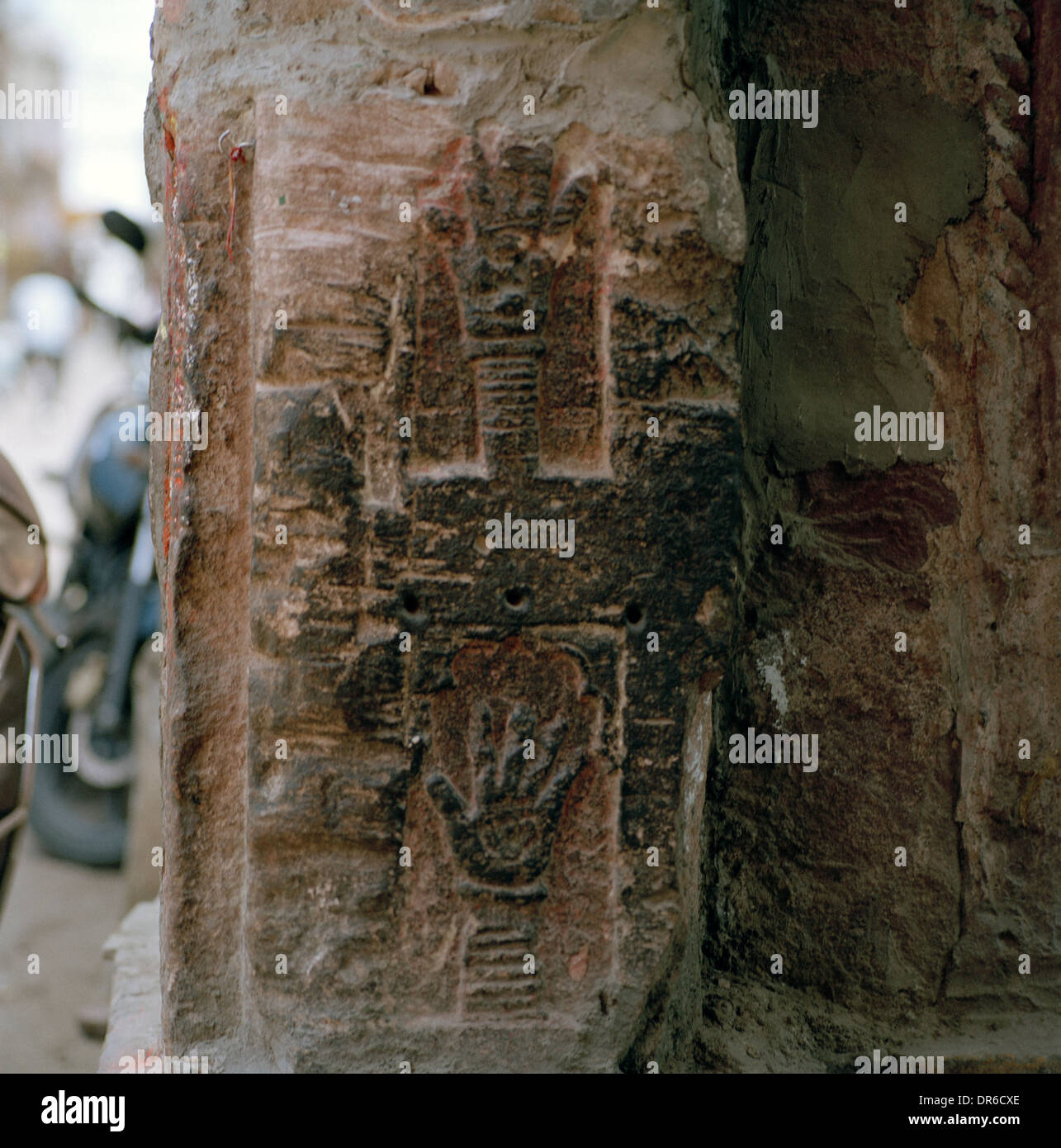 Sati handprint in Bhrampuri Brahmpur in Jodhpur in Rajasthan in India in South Asia. History Culture Historical Travel Wanderlust Escapism Stock Photo