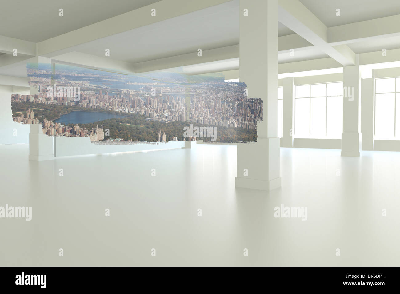 Abstract screen in room showing cityscape Stock Photo