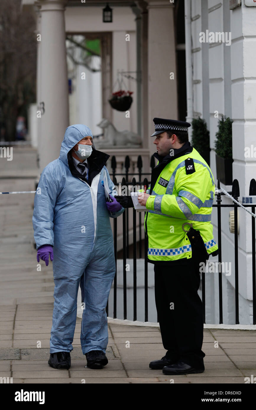 Police forensic in a cordon at a crime scene in Lupus Street Pimlico London Britain 28 January 2013. Stock Photo