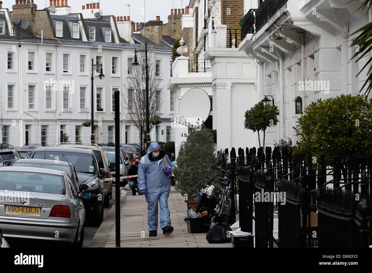 Police forensic in a cordon at a crime scene in Lupus Street Pimlico London Britain 28 January 2013. Stock Photo