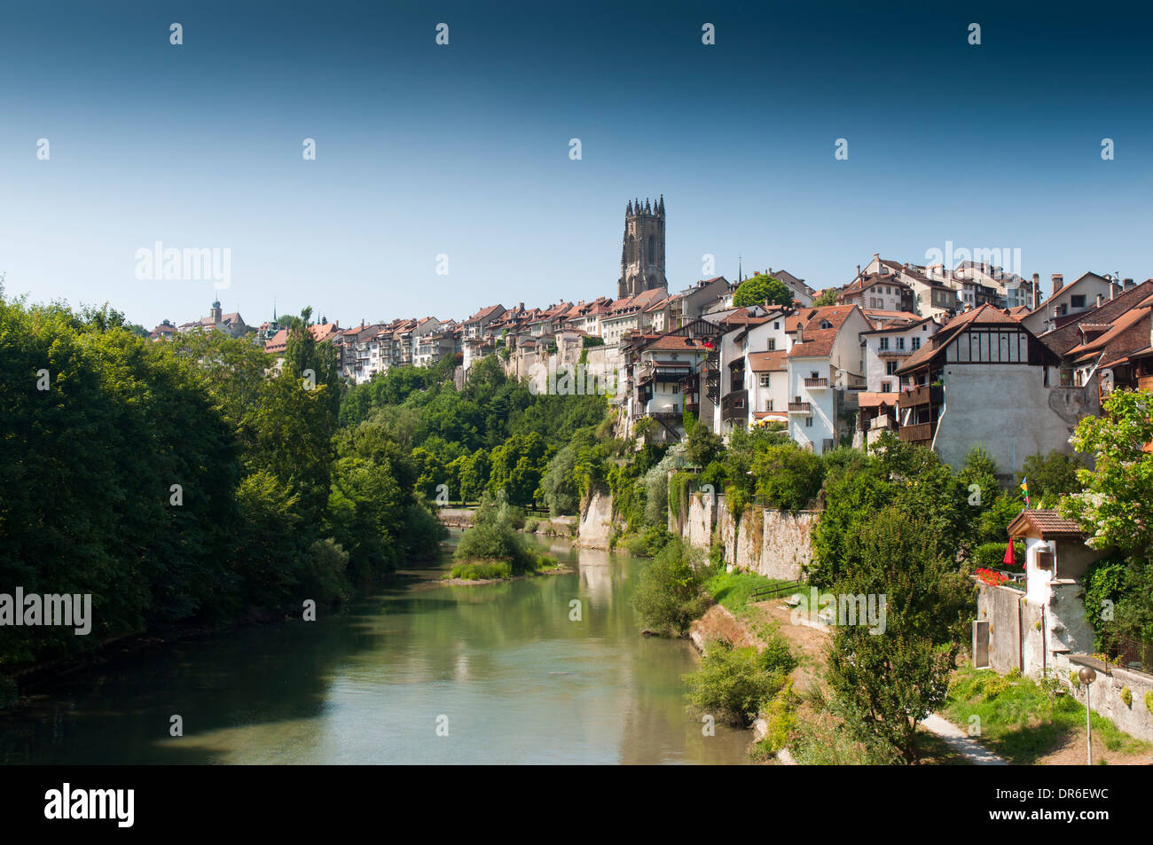 View of the old town of Fribourg from the Pont du Milieu across the river Saane / Sarine in Switzerland Stock Photo