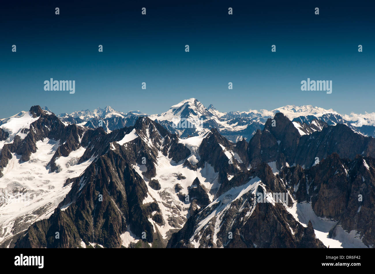 View from the Aiguille du Midi (3842m) in the Mont Blanc massif in the ...