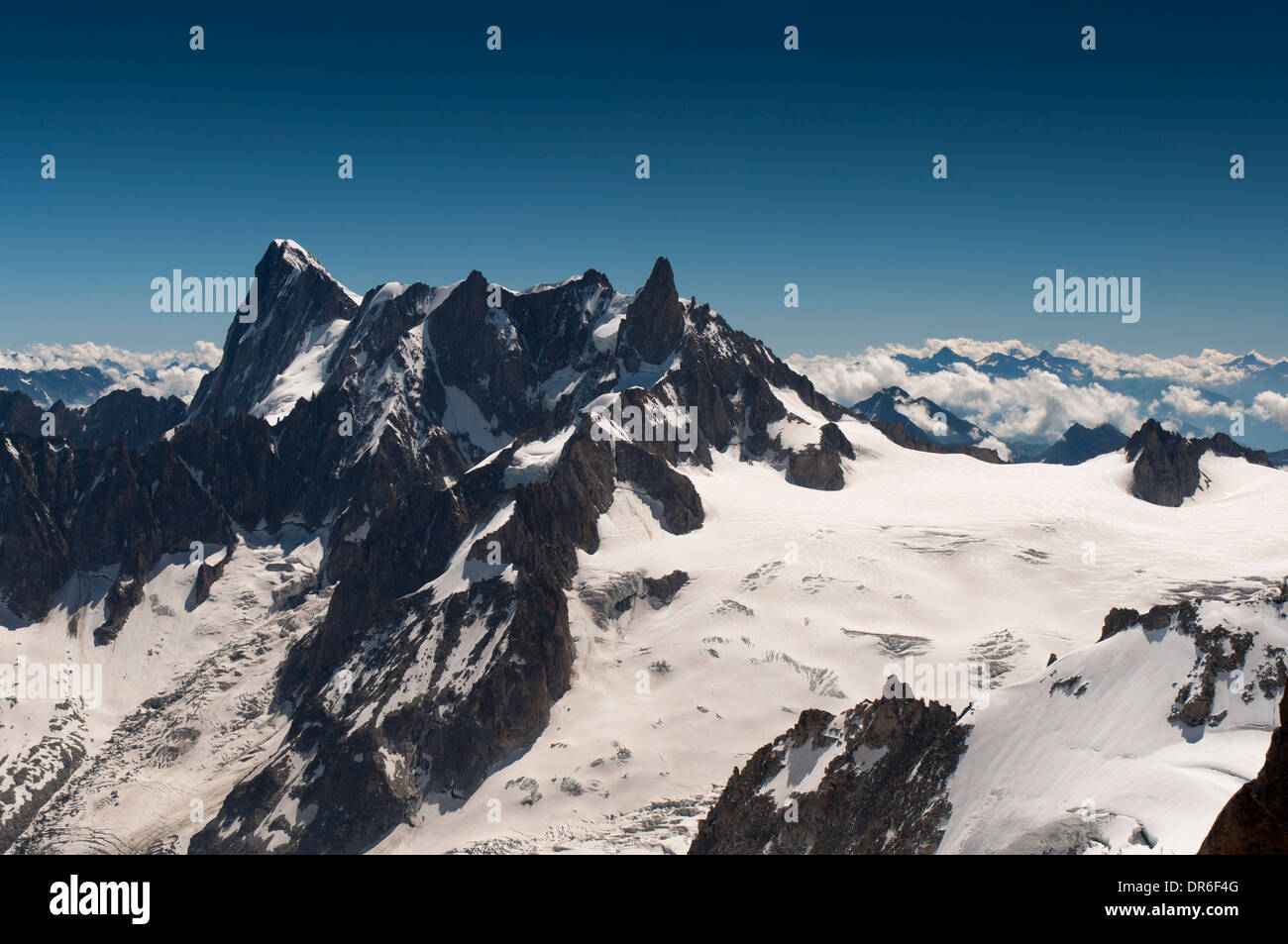 View from the Aiguille du Midi (3842m) in the Mont Blanc massif in the ...