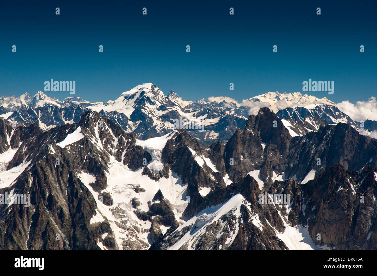 View from the Aiguille du Midi (3842m) in the Mont Blanc massif in the ...